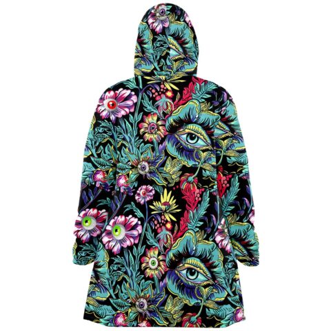 Rave cloak back view showing teal foliage and eyeball floral print with hood