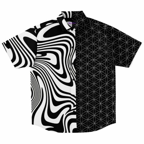 Black and white half-and-half button-up shirt with patterns