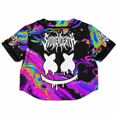 Back view of cropped jersey featuring bold colorful abstract swirl pattern