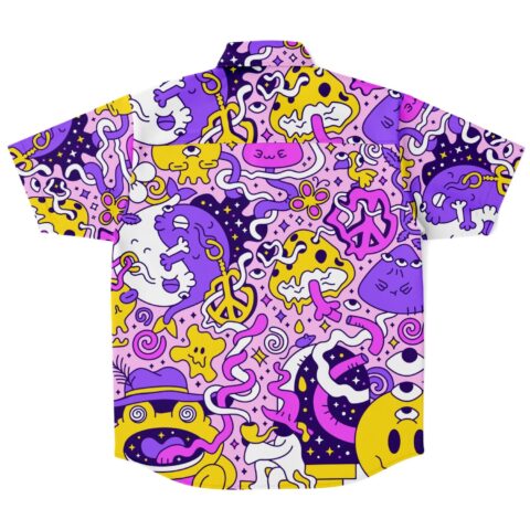 Back view of shirt showcasing vibrant colors and playful graphics