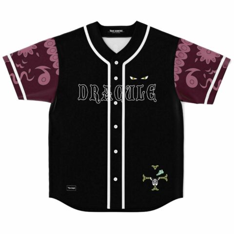 Black anime-inspired baseball jersey with Dracule text and skull cross emblem front view
