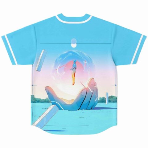 Sky blue rave jersey back view showing giant hand and floating figure inside glass orb