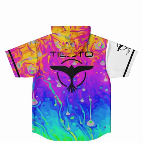 Back view of psychedelic liquid rave jersey with dripping neon swirl hood and bold wordmark