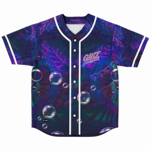 Purple fractal feather print baseball jersey with bubbles and GRiZ logo front view