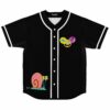 Black baseball jersey with cartoon-sponge DJ mouse-ear graphic and snail duo on chest, front view