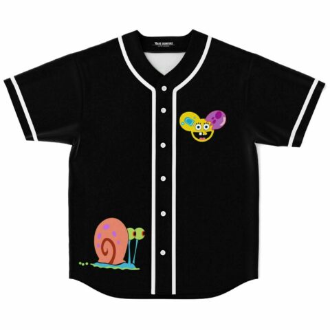 Black baseball jersey with cartoon-sponge DJ mouse-ear graphic and snail duo on chest, front view