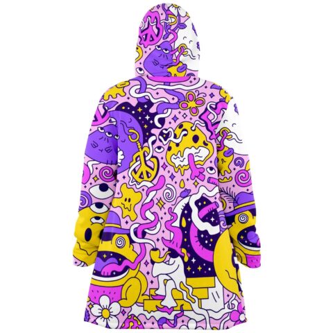 Trippy cartoon doodle print rave cloak in pink and purple, back view flat lay