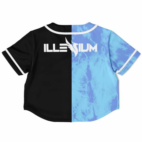 Cropped baseball jersey with white text, back view