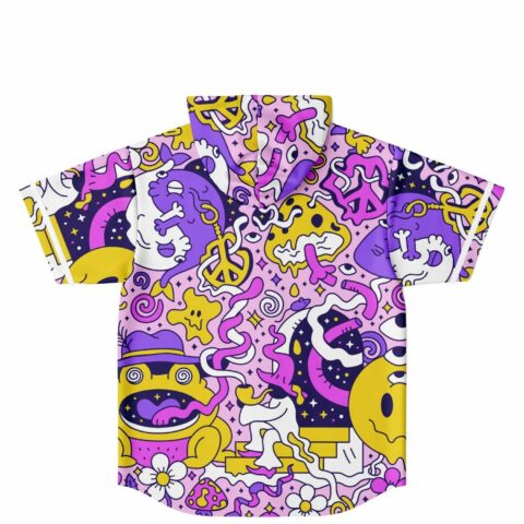 Back view of pastel pink trippy cartoon rave jersey showing psychedelic melting smiley and swirl