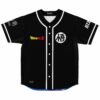 Black anime-inspired baseball jersey front view with white piping and warrior emblem patch