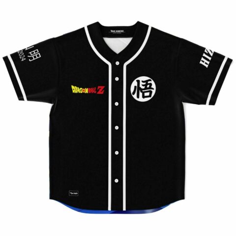 Black anime-inspired baseball jersey front view with white piping and warrior emblem patch