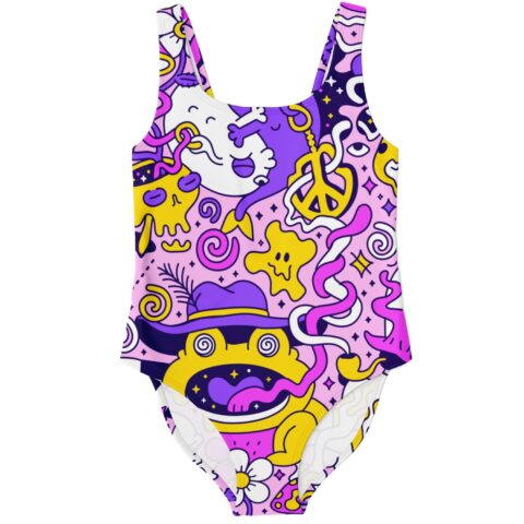 Trippy doodle rave swimsuit with peace sign skull and smiling frog in top hat