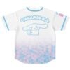 Back of white jersey with Cinnamoroll arch text above cartoon puppy and pastel triangle print