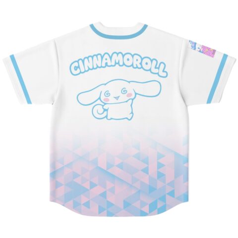 Back of white jersey with Cinnamoroll arch text above cartoon puppy and pastel triangle print