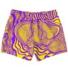Back view of purple and yellow warped line swirl rave swim trunks