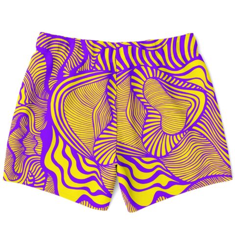 Back view of purple and yellow warped line swirl rave swim trunks