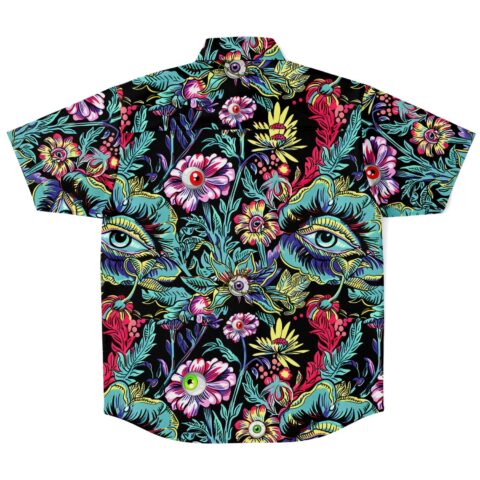 Back view showcasing vibrant floral patterns with eye graphics