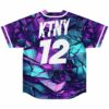 Teal shattered glass baseball jersey back view showing KTNY 12 lettering and white trim