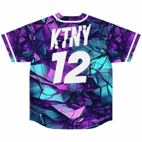 Teal shattered glass baseball jersey back view showing KTNY 12 lettering and white trim