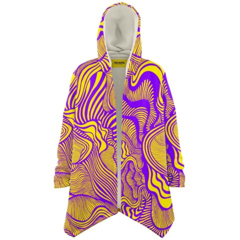 Purple and yellow swirling contour hooded rave cloak front view on white background