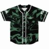 Green and black liquid marble swirl baseball jersey with green alien-inspired character patch on chest