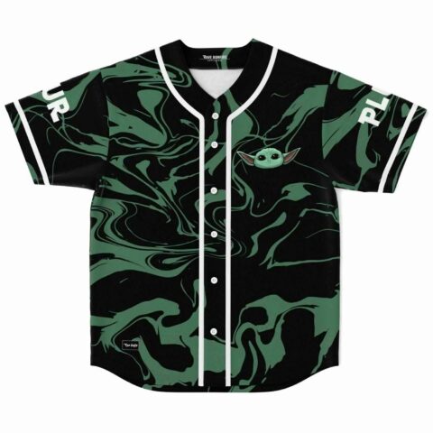 Green and black liquid marble swirl baseball jersey with green alien-inspired character patch on chest