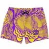 Purple and yellow warped op art swim trunks with Good Vibes circle graphic front view