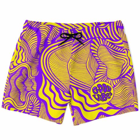 Purple and yellow warped op art swim trunks with Good Vibes circle graphic front view