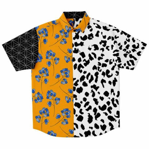 Colorful button-up shirt with floral and animal print design