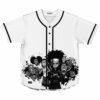 White baseball jersey with black and white cartoon ensemble cast graphic, front view laid flat