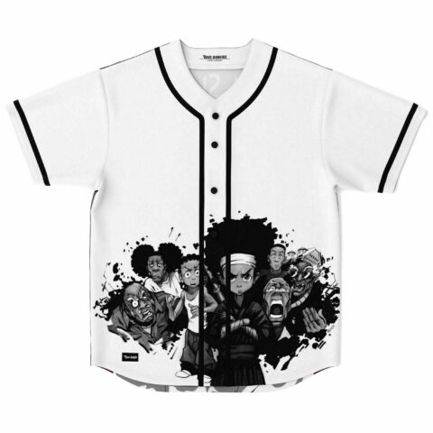 White baseball jersey with black and white cartoon ensemble cast graphic, front view laid flat
