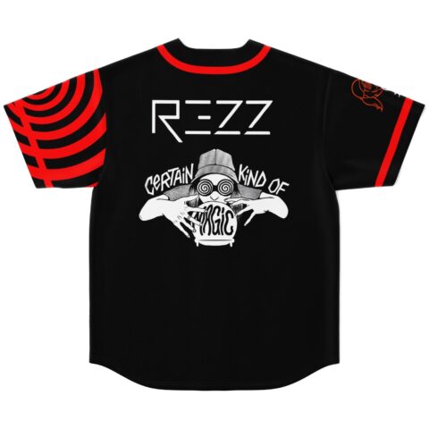 Back view of black jersey with REZZ text and certain kind of magic cartoon-style graphic