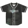 Black misty smoky rave baseball jersey front with white logo text and piping