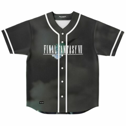 Black misty smoky rave baseball jersey front with white logo text and piping