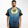 Model wears deep blue anime rave baseball jersey front with moon graphic and text this