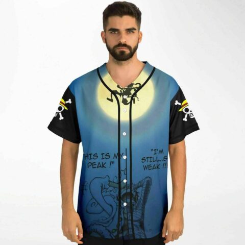 Model wears deep blue anime rave baseball jersey front with moon graphic and text this