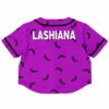 Back view of the purple rave cropped baseball jersey with bold text design