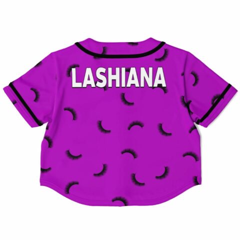 Back view of purple jersey featuring bold text design