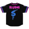 back view of black jersey with SLUSHII drip text and blue dripping S logo