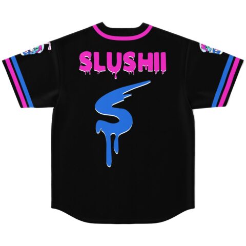 back view of black jersey with SLUSHII drip text and blue dripping S logo