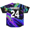 Black psychedelic liquid rave baseball jersey back view with Skurdzz 24 lettering