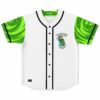 White baseball jersey with cartoon pickle bong graphic reading wanna get high, green swirl sleeves