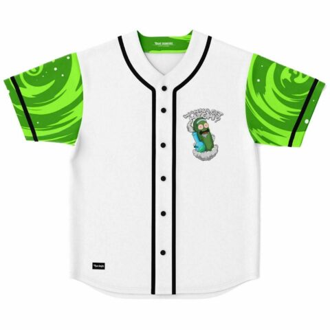 White baseball jersey with cartoon pickle bong graphic reading wanna get high, green swirl sleeves
