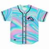 Pastel holographic liquid swirl rave baseball jersey with anjunabeats logo front view