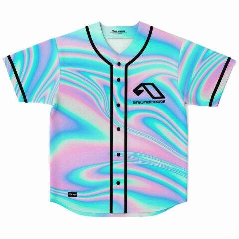 Pastel holographic liquid swirl rave baseball jersey with anjunabeats logo front view
