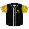 Black starry cosmic space rave baseball jersey with gold swirl sleeves, glowing emblem, front view