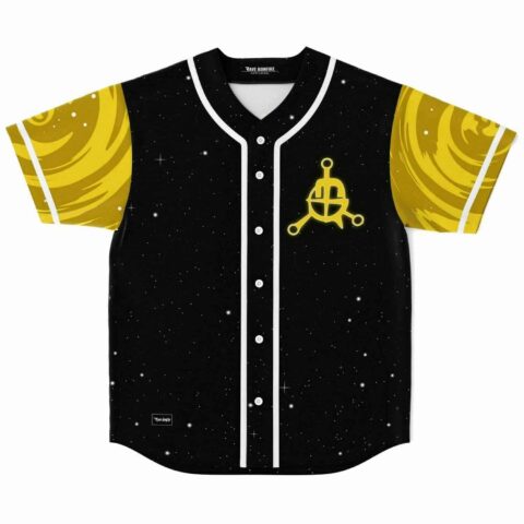 Black starry cosmic space rave baseball jersey with gold swirl sleeves, glowing emblem, front view