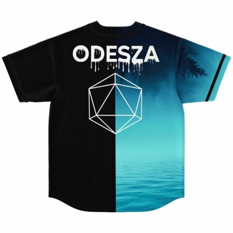 Back view of black and teal ocean print jersey with ODESZA text and icosahedron