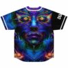 Back view showing large psychedelic face design with glowing eyes surrounded by cosmic fractal swirl