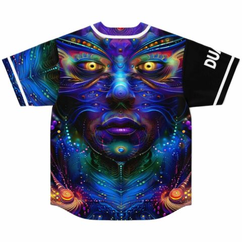 Back view showing large psychedelic face design with glowing eyes surrounded by cosmic fractal swirl